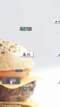 Vertical video: Pointer clicking badges, burger rising while badges clustering, showing interest