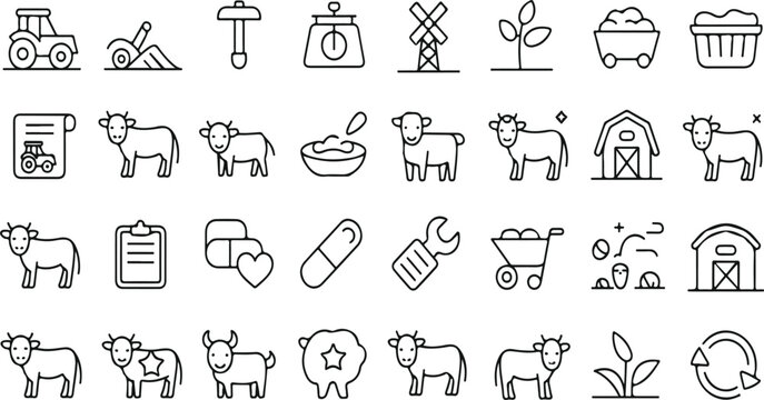 Cattle farm line icons set with thin 1.5px stroke vector including cow calf milking barn veterinary agriculture farming outline pack