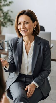 Caucasian woman smiling in professional suit. Business meeting and financial consulting. Portrait of female manager, successful entrepreneur.