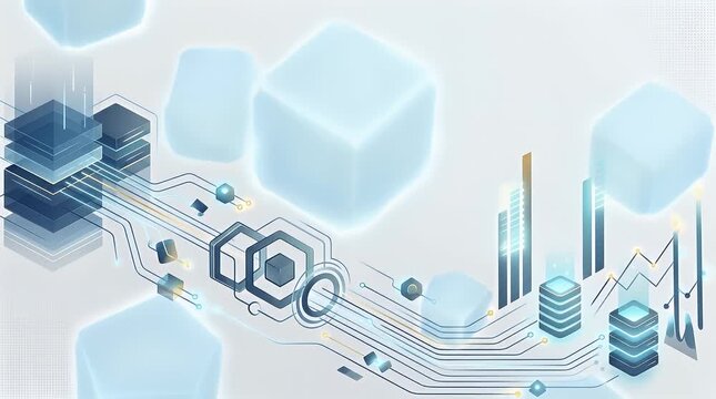 This image opens with a bright, minimalist digital landscape featuring a futuristic data network of glowing icons and interconnected lines. Soft digital particles begin to drift in from the edges, gra