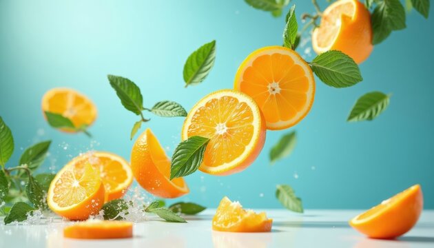 Orange slices and mint leaves float in air. Fresh citrus fruit splashes water. Healthy food ingredient for juice and recipes. Vitamin C boost.