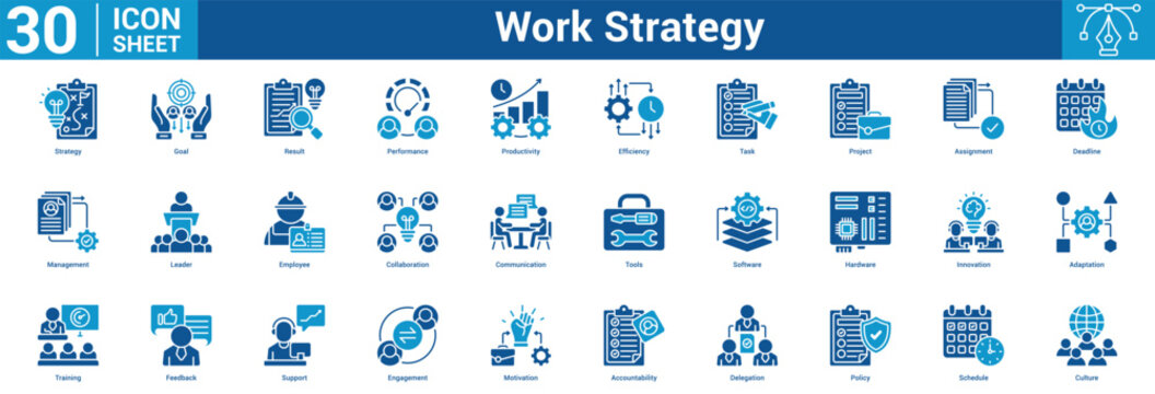 Work Strategy editable icon set vector illustration concept for business with icon of Strategy, Goal, Result, Performance, Productivity, Efficiency, Task, Project, Assignment, Deadline, Management.