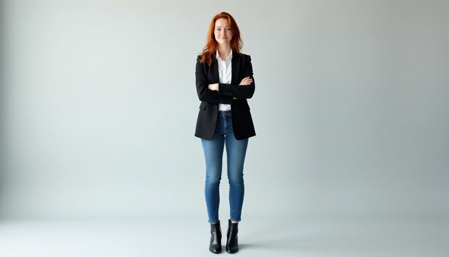 Redhead woman in blazer and jeans stands with arms crossed against plain background. Professional person posing in studio with confident attitude, modern business style.