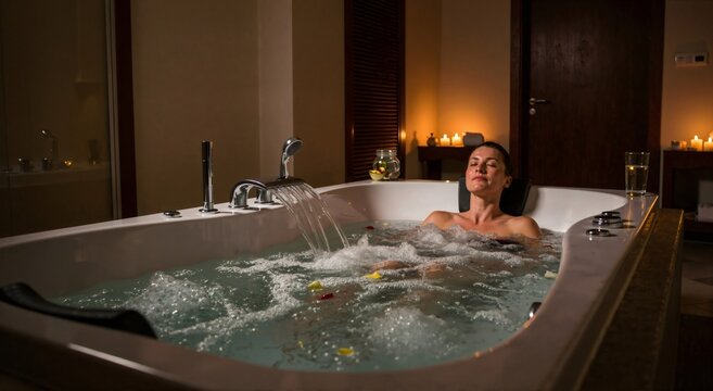 Woman relaxing in a luxury whirlpool hot tub with bubbles and flower petals. Spa treatment and self care concept.