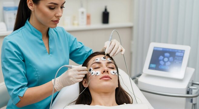 Woman cosmetologist performing microcurrent facial therapy on a young female patient. Modern hardware cosmetology for skin rejuvenation.