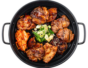 Fototapeta premium Sizzling grilled chicken and spicy kimchi in a black pan