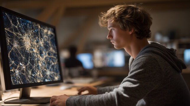 Over the shoulder view of computational neuroscientist building synapse weight matrix in custom software, neural network layer visualization glowing on screen, connectome inspired deep learning brai