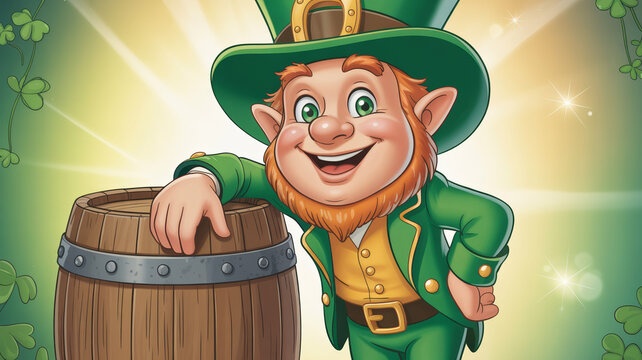 Leprechaun stands beside a barrel with a bright background during St. Patrick's Day celebration