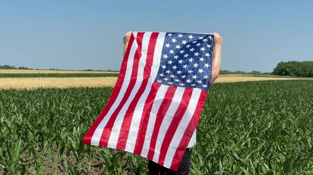 Person holding united states flag in a green crop field under clear blue sky, patriotic rural scene with summer light, evokes pride and national celebration