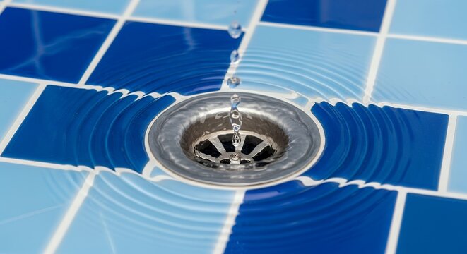Water swirling down drain in blue tiled pool with ripples and reflections
