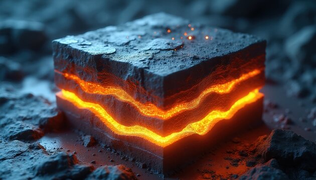 Abstract cubic rock section displays glowing orange layers inside. Geological structure shows subsurface energy flow and deep earth deposits. Underground thermal power source concept.
