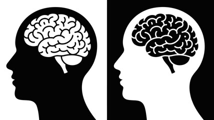 A striking visual depicts two human head silhouettes each containing a detailed brain illustration in contrasting colors high quality professional modern elegant stylish clean crisp vibrant © rocky