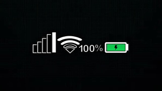 Digital interface showcasing full device status complete cellular signal, active Wi-Fi connection, and 100% battery charge with power indicator