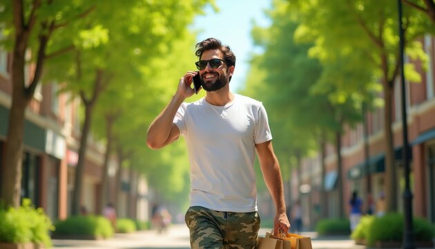Smiling man in sunglasses walks down tree-lined street with shopping bags. He talks on cell phone, wearing casual shirt and camo pants. He appears happy after buying goods.
