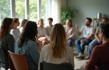 Obraz premium Diverse group attends addiction recovery therapy meeting. People sit in circle, sharing experiences. One man speaks, others listen attentively in safe space, seeking support and healing together.