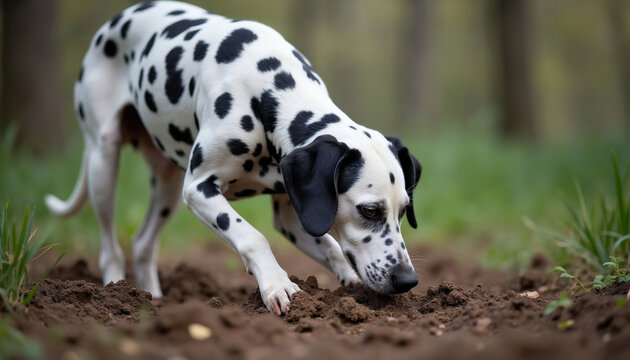 Dalmatian dog digs earth with paws in grassy forest ground. Black spotted canine explores nature, searches scents, experiences outdoor fun and curiosity. Purebred mammal plays actively.