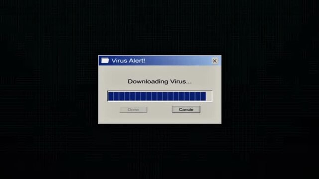 A critical computer alert window displays a progress bar indicating an imminent virus download, symbolizing a digital security breach, system vulnerability, and the constant threat of malware