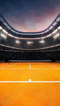 Clay tennis court at a sports arena with glowing spotlights and fans ready for the upcoming grand sporting event. Professional sports vertical background for advertisement.