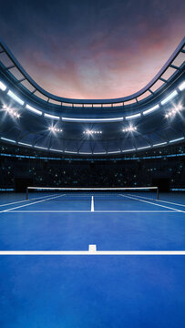Blue tennis court at a sports arena with glowing spotlights and fans ready for the upcoming grand sporting event. Professional sports vertical background for advertisement.