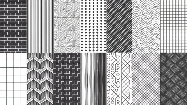 A grid of nine black and white patterned squares showcases a variety of textures including brickwork lines chevrons and woven designs high quality professional detailed modern