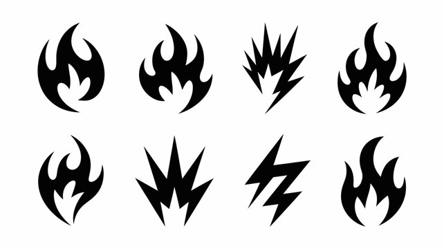 A collection of eight black tribal flame and lightning bolt shapes are displayed against a plain white background forming a graphic set high quality professional detailed