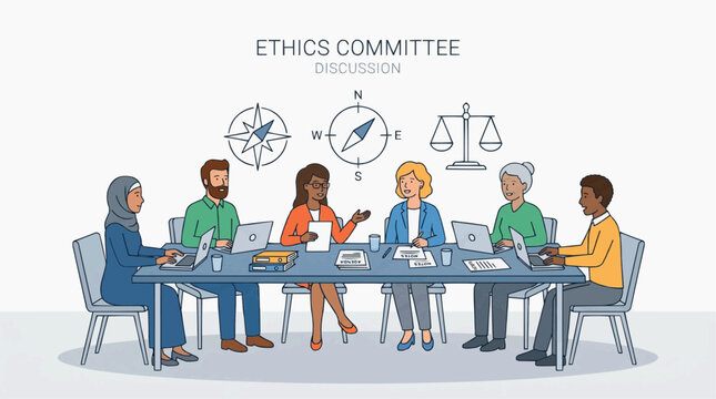 Diverse group of professionals engaging in an ethics committee discussion around a table, symbolizing collaboration and decision-making