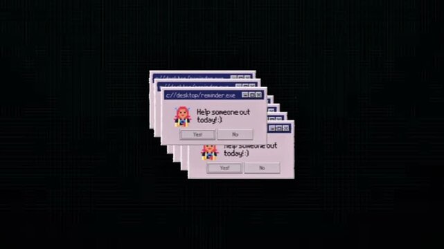 Multiple computer error messages or pop-up windows appearing on a dark background, causing distress and seeking assistance
