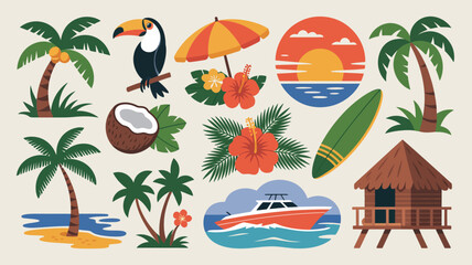 A vibrant colorful illustration depicts a tropical vacation scene with a toucan beach elements and lush vegetation high quality professional detailed modern elegant stylish clean crisp © rocky