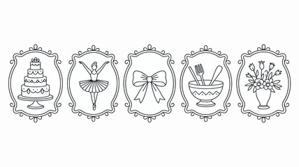 A row of five ornate frames displays different hand drawn illustrations including a cake ballerina bow dining utensils and flowers high quality professional detailed modern elegant © rocky