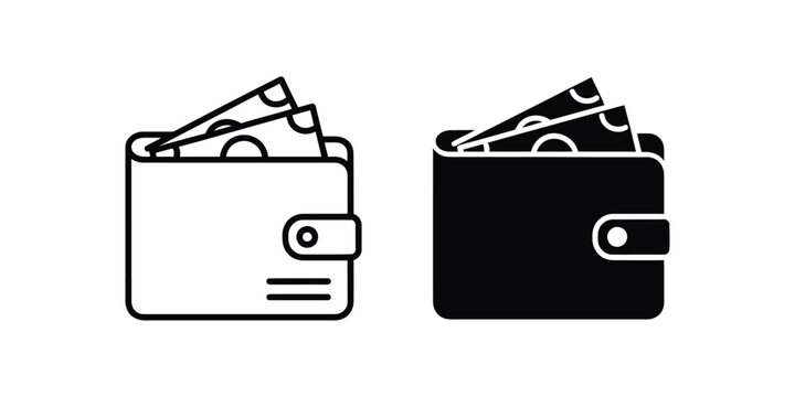 Two wallet with paper money, outline and solid black styles
