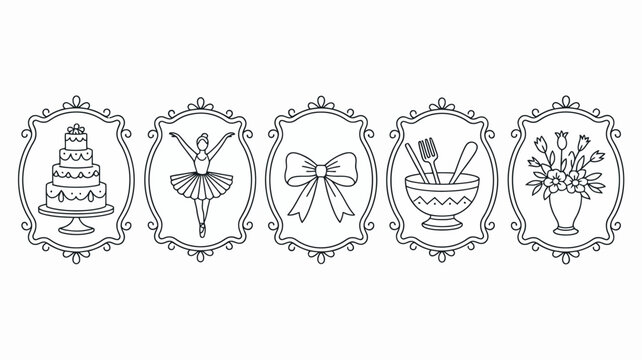A row of five ornate frames displays different hand drawn illustrations including a cake ballerina bow dining utensils and flowers high quality professional detailed modern elegant