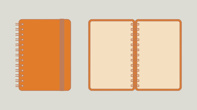 An illustration depicts a closed orange spiral notebook and an open notebook displaying blank beige pages high quality professional detailed modern elegant stylish clean crisp vibrant