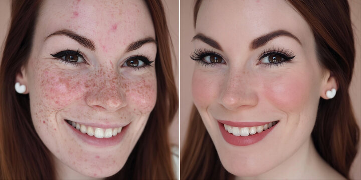 Caucasian woman before and after acne treatment procedure. Dermatology, skincare and skin cleansing concept. Side-by-side portrait for poster, commercial, promo, design