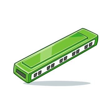 Bright green harmonica musical instrument with black accents and shadow on a white background