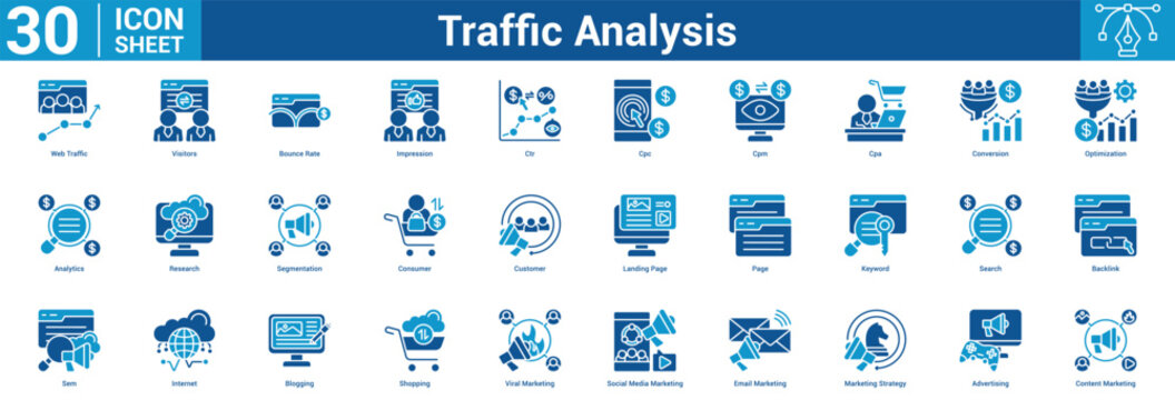 Traffic Analysis editable icon set vector illustration concept for business with icon of Web Traffic, Visitors, Bounce Rate, Impression, Ctr, Cpc, Cpm, Cpa, Conversion, Optimization, Analytics.