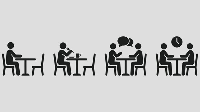Business work and meeting vector icon showing people sitting at a table, working on laptop, chatting online, drinking coffee and discussing tasks. Clean human workplace and communication concept.