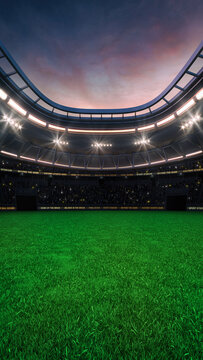 Green grass field at a sports stadium with glowing spotlights and fans ready for the upcoming grand sporting event. Professional sports vertical background for advertisement.
