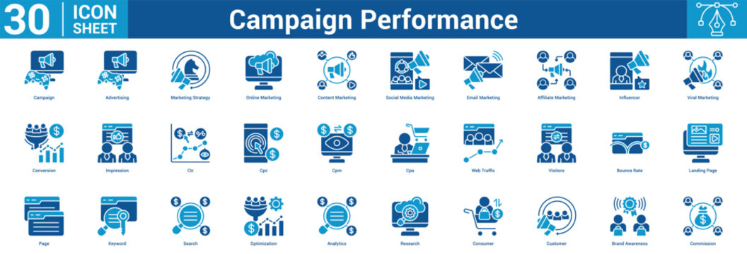 Campaign Performance editable icon set vector illustration concept for business with icon of Campaign, Advertising, Marketing Strategy, Online Marketing, Content Marketing, Social Media Marketing.