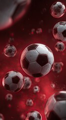 Fototapeta premium Soccer balls float against a deep red background