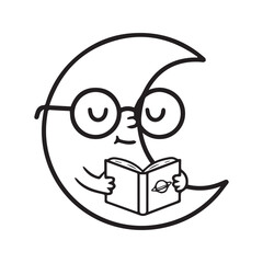 Fototapeta premium Cute outline illustration of a crescent moon character wearing glasses reading a book 