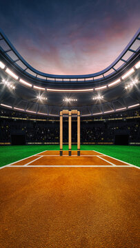 Cricket field at a sports stadium with glowing spotlights and fans ready for the upcoming grand sporting event. Professional sports vertical background for advertisement.