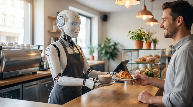 Humanoid robot barista serving coffee and croissant to customer in modern cafe