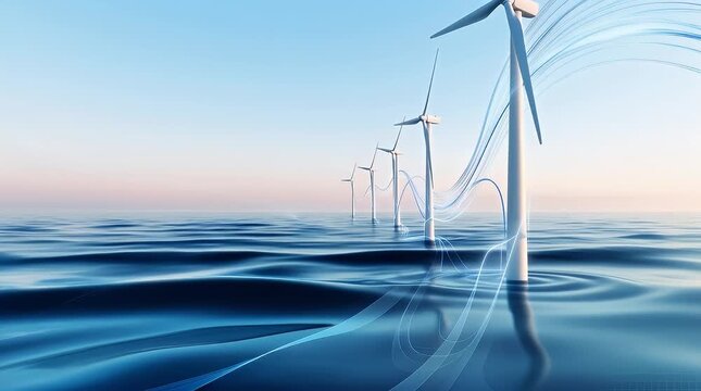 This image is the starting state, showcasing a tranquil scene of wind turbines standing tall in a calm ocean against a soft blue background. Gradually, gentle waves begin to ripple across the water, c