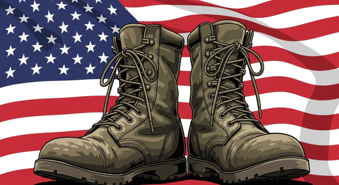 Brown combat boots on american flag background symbolizing patriotism and military service