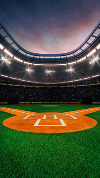 Baseball field at a sports stadium with glowing spotlights and fans ready for the upcoming grand sporting event. Professional sports vertical background for advertisement.