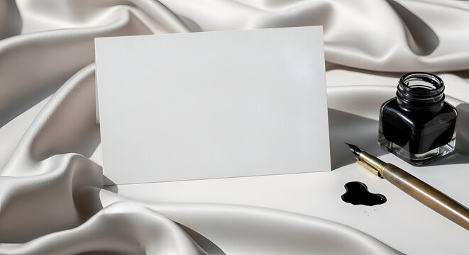 Blank card with inkwell and quill.