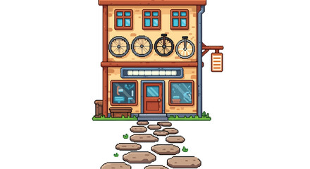 This pixel art vector showcases a quaint two-story bicycle shop with exterior-mounted wheels, a unicycle, and a stone path leading to the front door. © Aqil Art