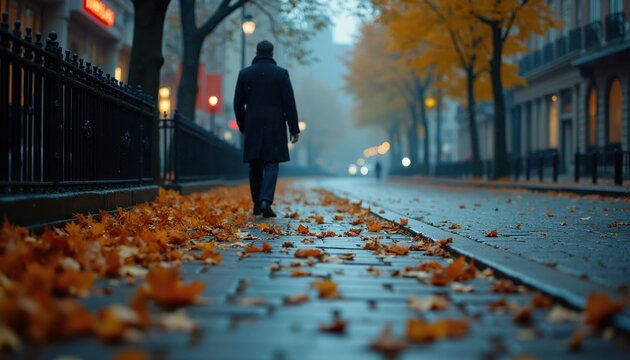 Man walks on wet city street covered in fallen autumn leaves. Bare trees line the sidewalk. Evening lights glow in the distance creating a moody atmosphere.