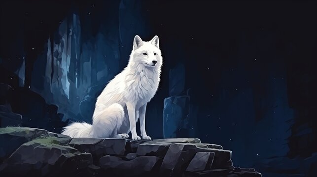 A solitary white wolf perched on a rugged rock ledge inside a moonlit icy cavern