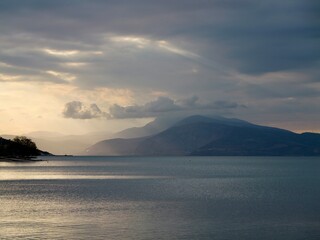 Obraz premium Sunset over the Mediterranean Sea at Salamina Bay, Greece